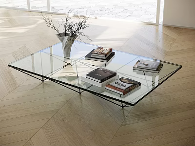 Modern Glass Coffee Table With Decorative Vase And Stacked Books On Surface 3d model