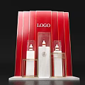 Red Background Display Stand Featuring LOGO White Bottles Golden Frame And Transparent Rack 3d model