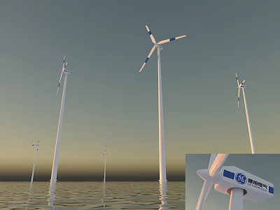 Offshore Wind Turbine Blades And Tower Structures In Marine Sunset Scene 3d model