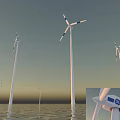 Offshore Wind Turbine Blades And Tower Structures In Marine Sunset Scene