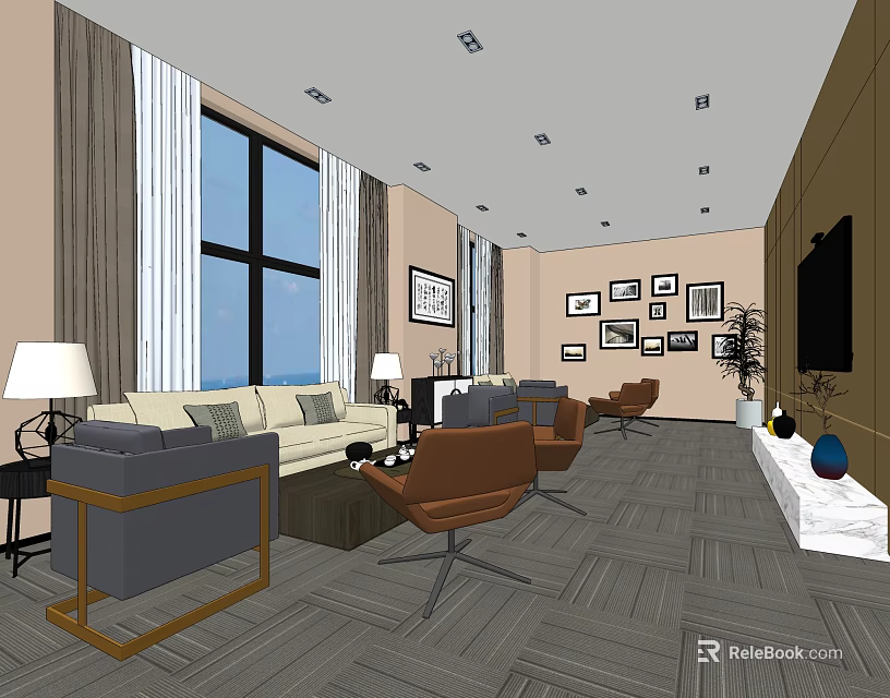 Modern Office Interior Design With Large Windows Sofa Chairs Coffee Table And Framed 3d model