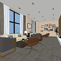 Modern Office Interior Design With Large Windows Sofa Chairs Coffee Table And Framed 3d model