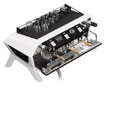 Coffee Machine Kitchen Appliance With White Design Digital Display Metal Handles And Top Cup Rack 3d model