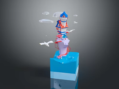 Scenic Landscape With Colorful Structure Blue Base Red Details And White Birds Flying Around 3d model