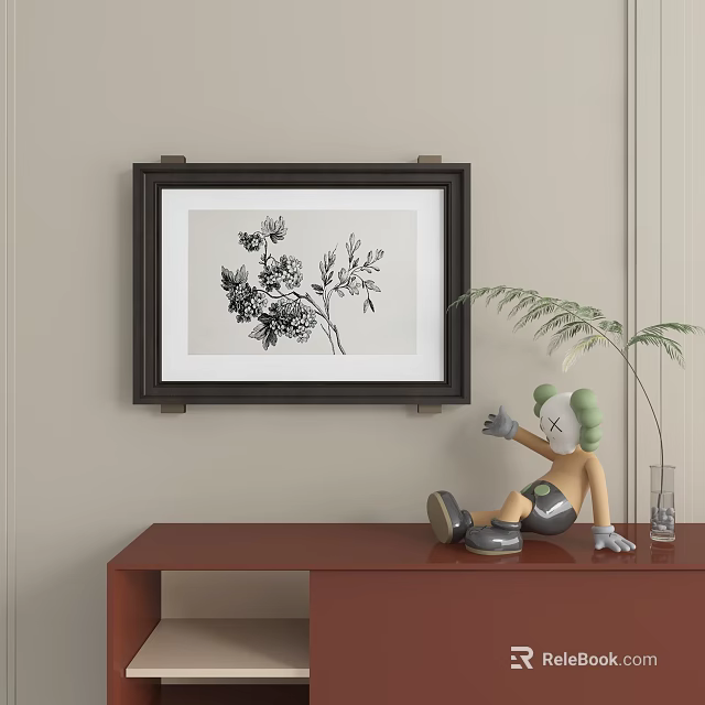 Framed Black White Floral Painting On Beige Wall Above Wooden Console Table 3d model 