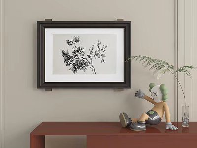 Framed Black White Floral Painting On Beige Wall Above Wooden Console Table 3d model