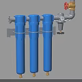 Industrial Equipment Three Blue Cylindrical Filters With Metal Pipes Valves And Pressure Gauge