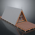Modern Triangular Roof Building With Gray Metal Roof Wooden Frame And Large Windows