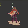 3D Purple Game Movie Character With Red Cape White Patterns Holding Weapon On White Base
