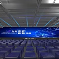 Stage With Blue Background Innovation Theme Text Red And Blue Seats And Cars