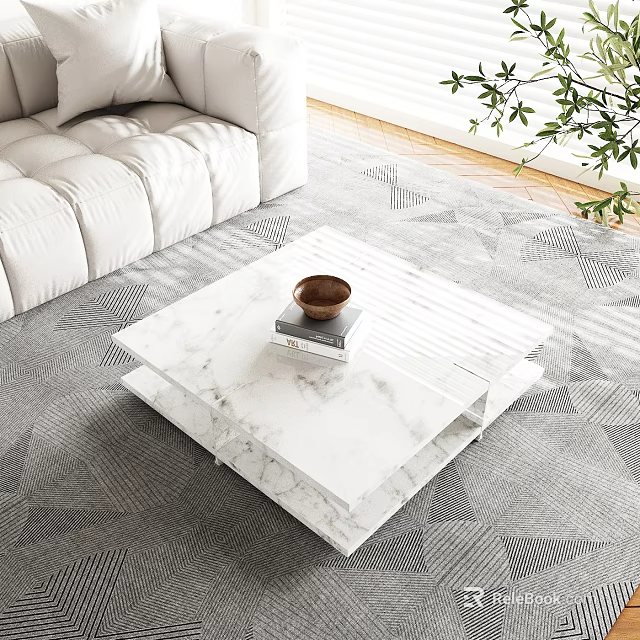 White Marble Coffee Table with Bowl and Books on Gray Rug by White Sofa 3d model 