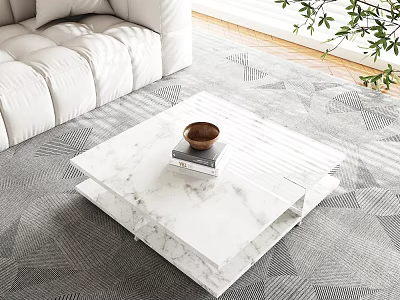 White Marble Coffee Table with Bowl and Books on Gray Rug by White Sofa 3d model