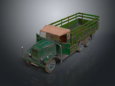 Vintage Green Utility Truck With Open Cargo Bed And Brown Canvas Cover 3d model