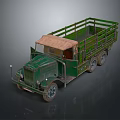 Vintage Green Utility Truck With Open Cargo Bed And Brown Canvas Cover