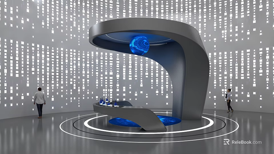 Futuristic Curved Display Stand With Blue Sphere White Dot Matrix And Circular Lighting 3d model 