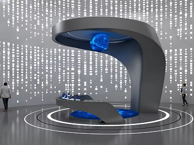 Futuristic Curved Display Stand With Blue Sphere White Dot Matrix And Circular Lighting 3d model
