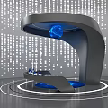Futuristic Curved Display Stand With Blue Sphere White Dot Matrix And Circular Lighting