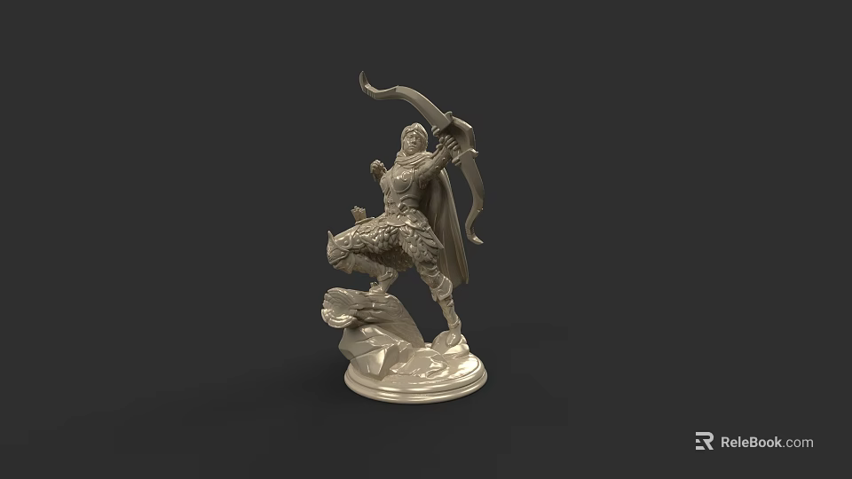 Silver Woman Statue Holding Bow Standing On Rock With One Leg And Cloak 3d model 