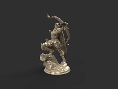 Silver Woman Statue Holding Bow Standing On Rock With One Leg And Cloak 3d model