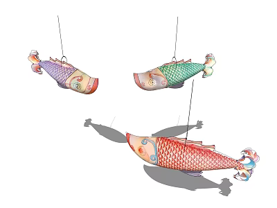 Three Colorful Fish Shaped Hanging Lanterns with Decorative Patterns and Shadows 3d model