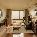 Living Dining Room Interior With Black Leather Sofa Green Plant Decorative Painting And Wooden Bookshelf