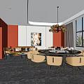 Elegant Private Dining Box Interior With Round Dining Table Orange Chairs Chandelier And Sofa 3d model