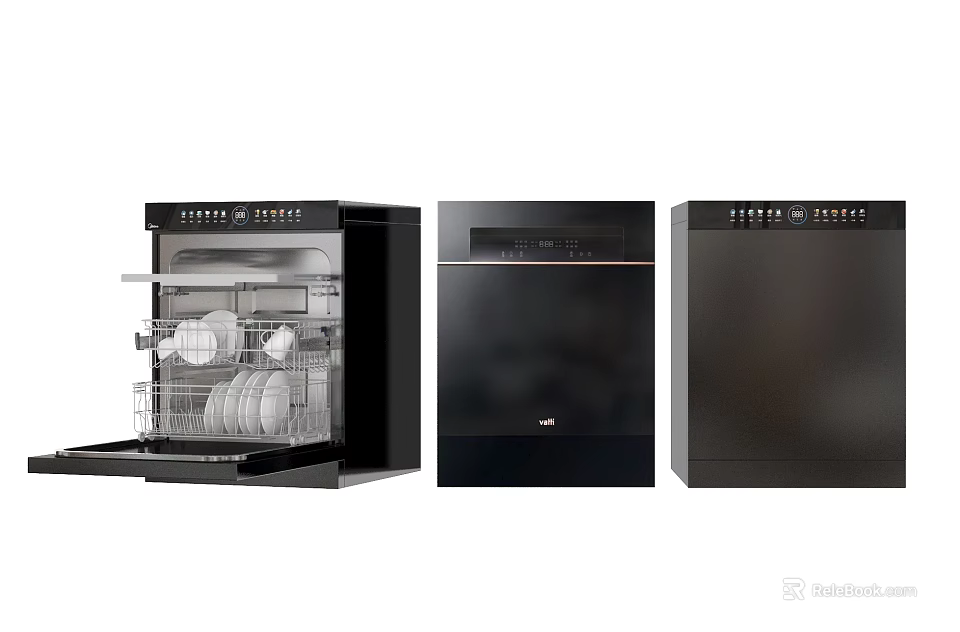 Black Kitchen Dishwashers With Open Door Showing Dishes And Closed Units 3d model 