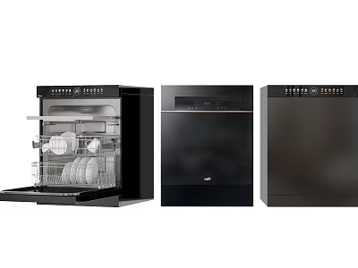 Black Kitchen Dishwashers With Open Door Showing Dishes And Closed Units 3d model