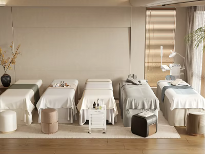 Modern Massage Room Interior With Multiple Massage Beds White Sheets Side Stools And Green Plants 3d model