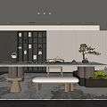 Modern Tea Room Interior Design With Long Wooden Table Tea Sets And Potted Plants