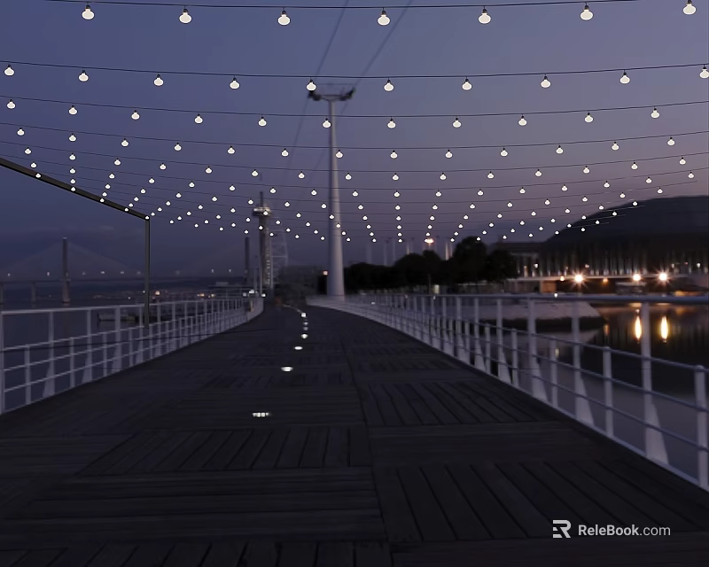 String Lights Hanging Over Wooden Boardwalk With White Railings Bridge And Water Reflection At Evening 3d model 