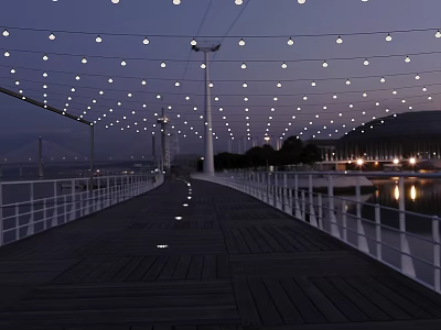 String Lights Hanging Over Wooden Boardwalk With White Railings Bridge And Water Reflection At Evening 3d model