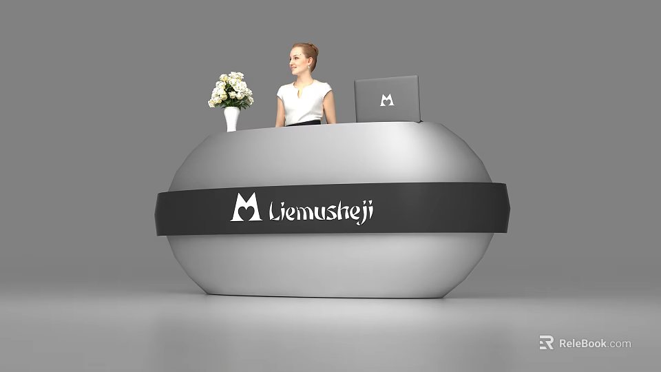 Modern Curved Reception Desk with Black Band White Logo Liemusteji Flower Vase and Laptop 3d model 