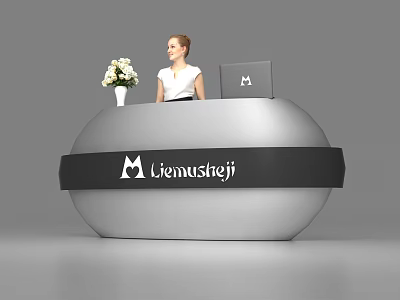 Modern Curved Reception Desk with Black Band White Logo Liemusteji Flower Vase and Laptop 3d model