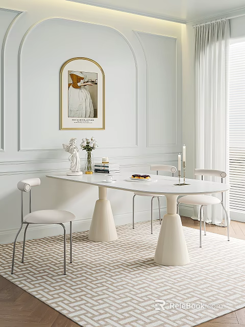Elegant White Dining Table Set With White Chairs Decorative Statue Wall Art And Striped Rug 3d model 