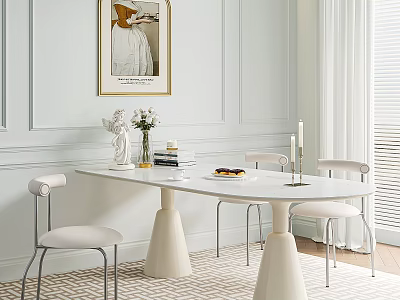 Elegant White Dining Table Set With White Chairs Decorative Statue Wall Art And Striped Rug 3d model