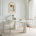 Elegant White Dining Table Set With White Chairs Decorative Statue Wall Art And Striped Rug