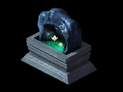 Garden Ornament Featuring Arched Stone Square Base Green Water Surface And White Lotus Flowers 3d model