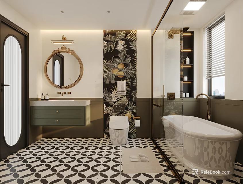Modern Bathroom Interior With Floral Patterned Wall Vanity Mirror Bathtub Shower And Patterned Floor Tiles 3d model 