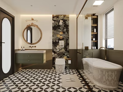 Modern Bathroom Interior With Floral Patterned Wall Vanity Mirror Bathtub Shower And Patterned Floor Tiles 3d model