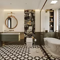Modern Bathroom Interior With Floral Patterned Wall Vanity Mirror Bathtub Shower And Patterned Floor Tiles