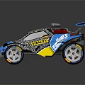 Colorful Blue And Yellow Toy Racing Car With Large Wheels Rear Wing And Decals