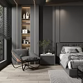 Modern Dark Bedroom Interior With Large Bed Nightstands Armchair And Lighting Strips