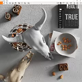 Stylish Decorative Ornament Set With Bull Skull Glass Bowl Books And Almond Plate