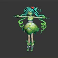 Fantasy Game and Movie Character with Turquoise Hair Red Headpiece Vine Decorations and Plant Dress