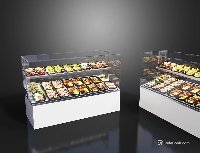 Transparent Commercial Refrigerated Display Cases Filled With Various Fresh Food Items 3d model 