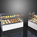 Transparent Commercial Refrigerated Display Cases Filled With Various Fresh Food Items