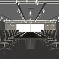 Modern Conference Room With Long Wooden Table Wheeled Chairs And Large Screen