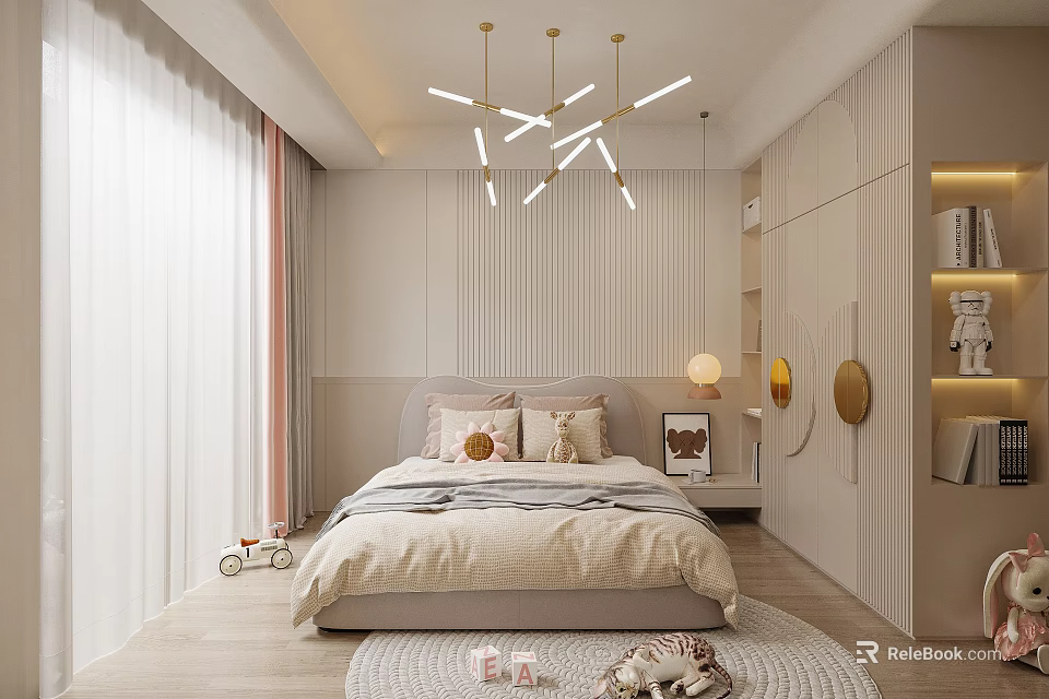 Modern Bedroom Interior With Beige Bed Pillows Geometric Pendant Light And Round Bedside Lamp 3d model 