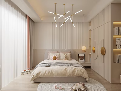 Modern Bedroom Interior With Beige Bed Pillows Geometric Pendant Light And Round Bedside Lamp 3d model